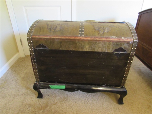 VINTAGE FOIL EMBOSSED DOME TRUNK WITH WOODEN STAND