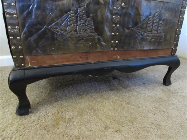 VINTAGE FOIL EMBOSSED DOME TRUNK WITH WOODEN STAND