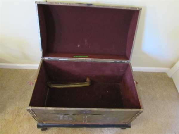 VINTAGE FOIL EMBOSSED DOME TRUNK WITH WOODEN STAND