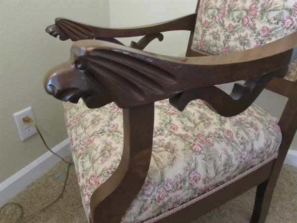 ANTIQUE CARVED LION ARM CHAIR