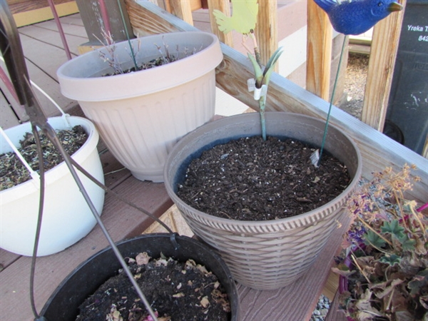 METAL PLANT STAND & ASSORTED PLASTIC POTS