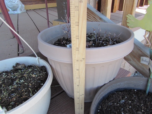 METAL PLANT STAND & ASSORTED PLASTIC POTS