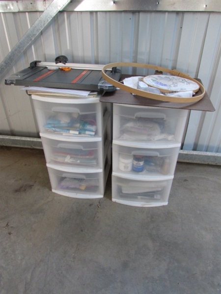 LARGE ASSORTMENT OF CRAFT SUPPLIES & 2 3-DRAWER STORAGE UNITS