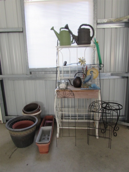 BAKERS RACK/GARDEN RACK WITH ASSORTED POTS, WATERING CANS & MORE