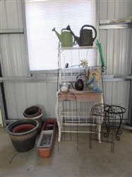 BAKERS RACK/GARDEN RACK WITH ASSORTED POTS, WATERING CANS & MORE