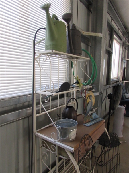 BAKERS RACK/GARDEN RACK WITH ASSORTED POTS, WATERING CANS & MORE