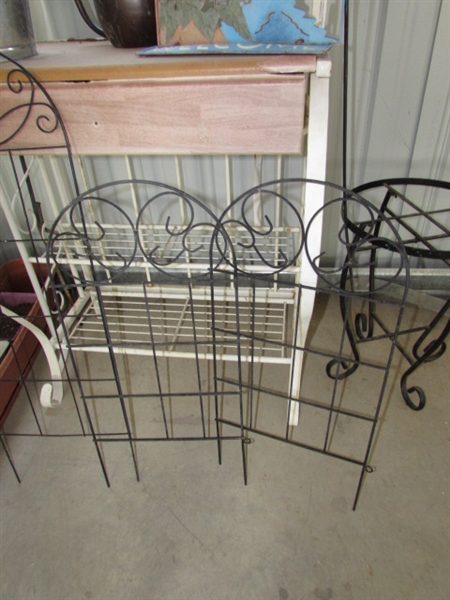 BAKERS RACK/GARDEN RACK WITH ASSORTED POTS, WATERING CANS & MORE