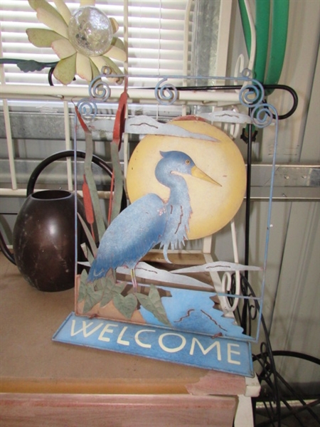 BAKERS RACK/GARDEN RACK WITH ASSORTED POTS, WATERING CANS & MORE