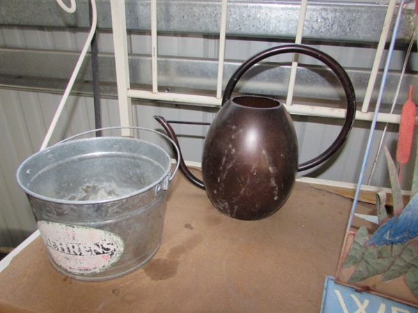 BAKERS RACK/GARDEN RACK WITH ASSORTED POTS, WATERING CANS & MORE