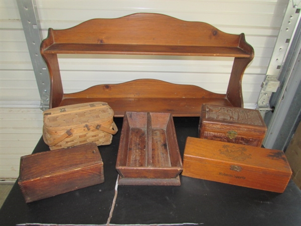 VINTAGE/ANTIQUE WOODEN SHELF & BOXES