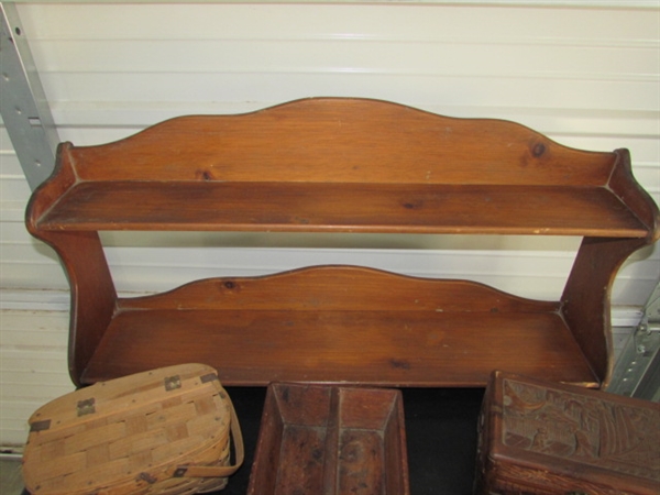 VINTAGE/ANTIQUE WOODEN SHELF & BOXES