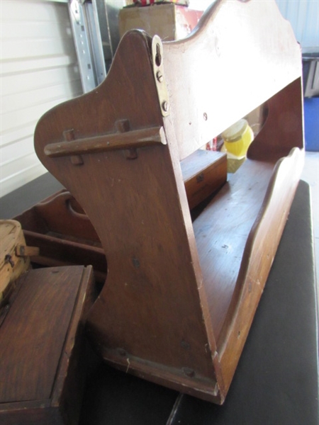 VINTAGE/ANTIQUE WOODEN SHELF & BOXES