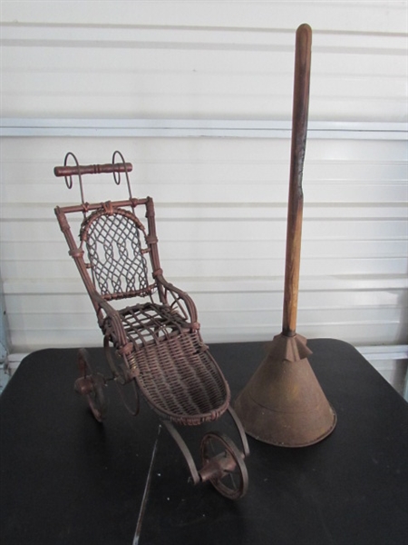 ANTIQUE DOLL WHEELED CHAIR & MANUAL WASHER/PLUNGER