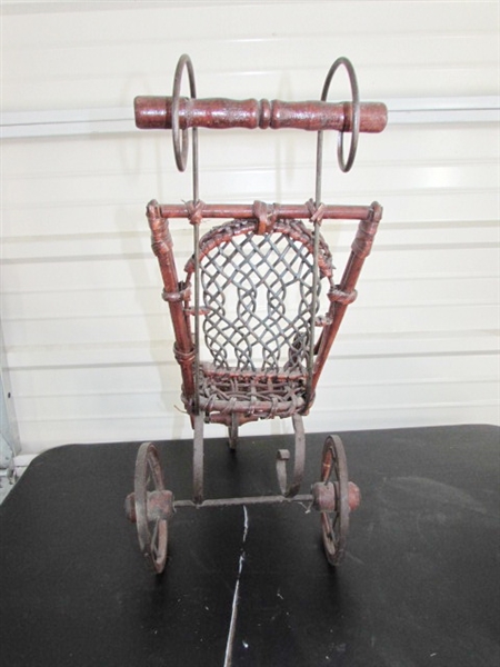 ANTIQUE DOLL WHEELED CHAIR & MANUAL WASHER/PLUNGER