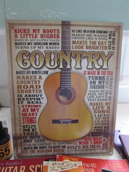 REPLACEMENT GUITAR STRINGS, BOOKS & COUNTRY SIGN