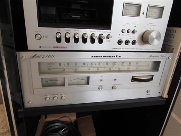 STEREO CABINET WITH ASSORTED STEREO COMPONENTS, HEADPHONES, ETC.