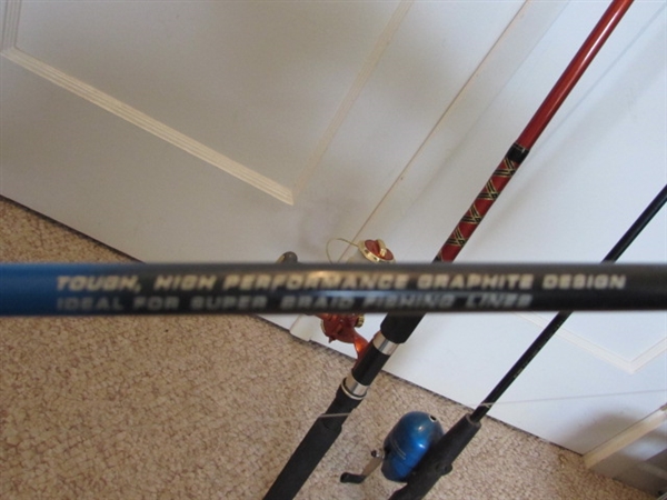 TORQUE, RODDY HUNTER & SHAKESPEARE PRO-AM FISHING RODS WITH REELS