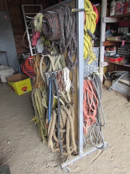 ROLLING PEGBOARD RACK WITH ASSORTED CHAIN AND ROPES