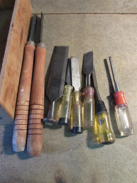 CHISELS AND FILES IN WOODEN BOX