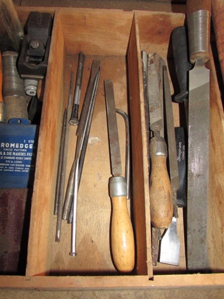 CHISELS AND FILES IN WOODEN BOX