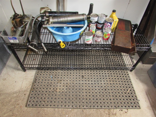 GREASE GUNS, LUBRICANTS, WIRE SHELF AND MAT