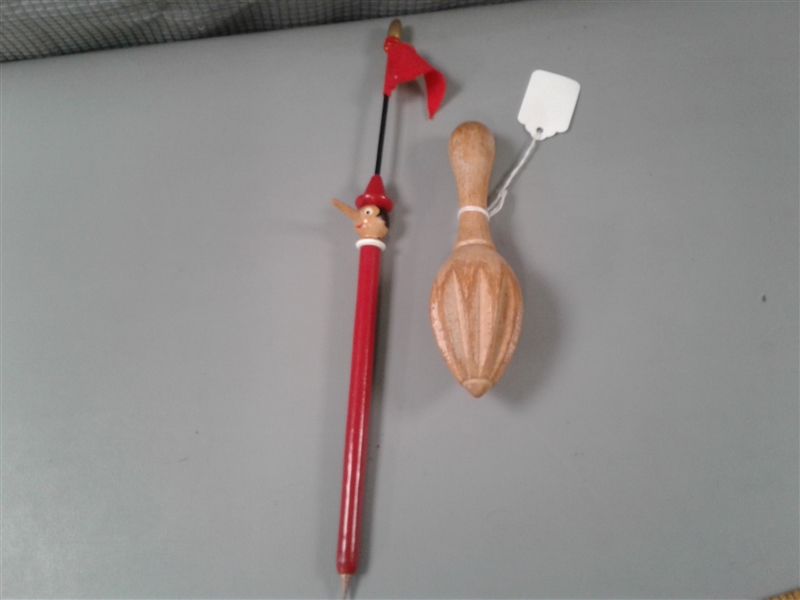 Vintage Wood Hand Juicer & Pinocchio Pen
