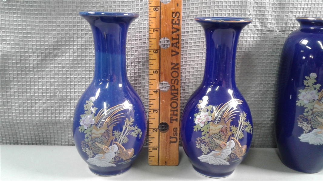 Vintage Cobalt Blue & Gold Pheasant Vases
