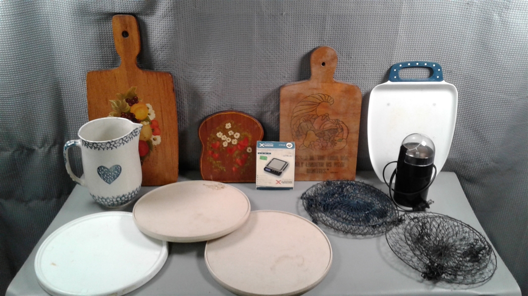 Lazy Susans, Mesh Wire Fruit/Vegetable Baskets, Coffee Grinder, Cutting Boards