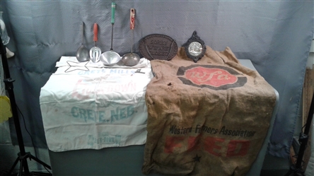 Vintage Utensils, Flour Bag, Burlap Feed Bag, Cast Iron Open Sign, ETC
