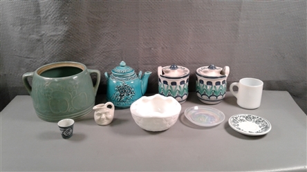 Stoneware Tureen, Tea Pot, Floral Containers w/Lids, Saucers, Milk Glass etc.
