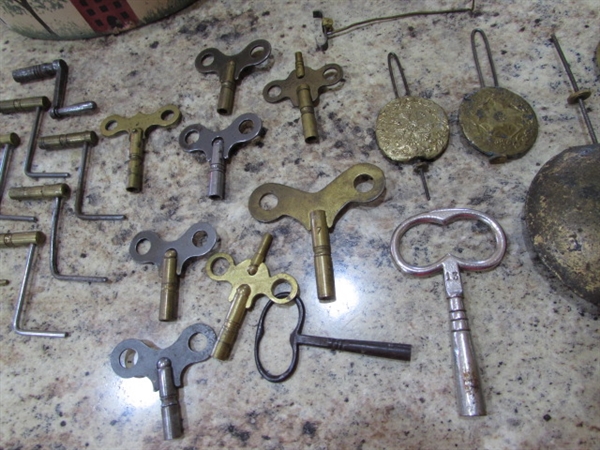 CLOCK KEYS, PENDULUMS & HANDS IN HANDPAINTED BOX