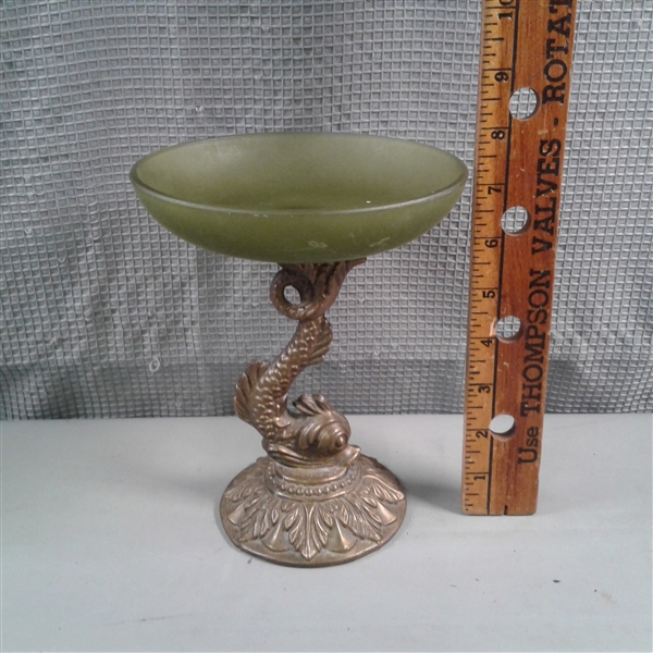 Frosted Green Glass & Brass Koi Candy Dish