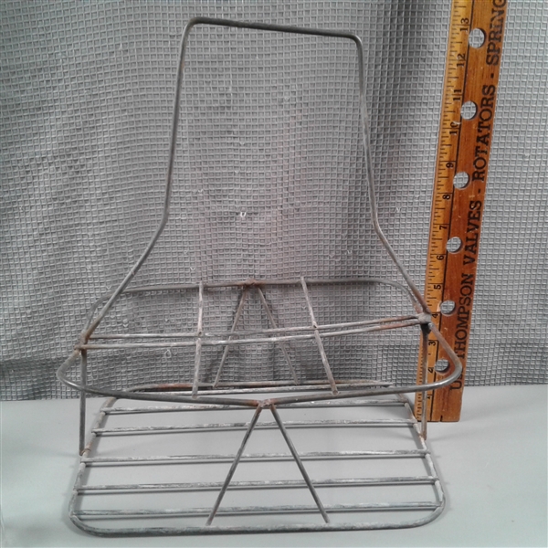 Vintage Glass Milk Bottles and Wire Carrier
