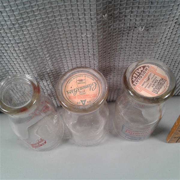 Vintage Glass Milk Bottles and Wire Carrier