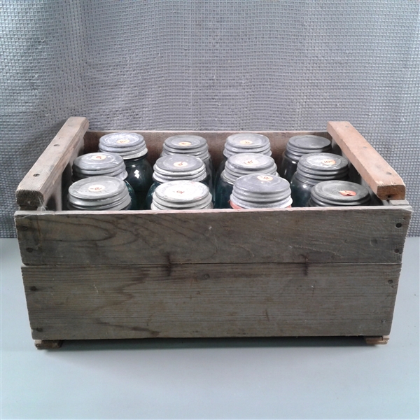 Vintage Wooden Crate with Vintage/Antique Aqua Ball Jars W/Zinc & Porcelain Lids