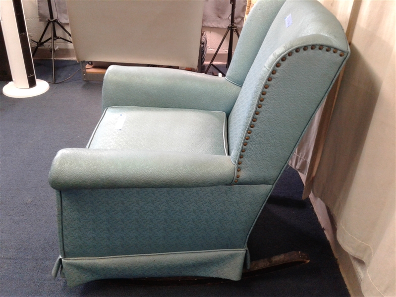 Vintage Upholstered Teal Rocking Chair