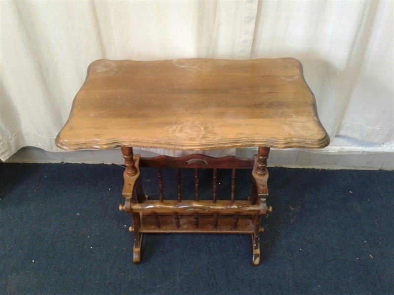 Vintage Wood Side Table With Magazine Holder