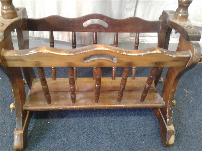 Vintage Wood Side Table With Magazine Holder