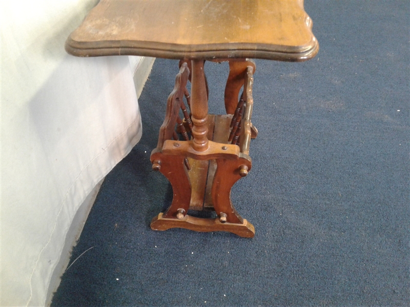 Vintage Wood Side Table With Magazine Holder