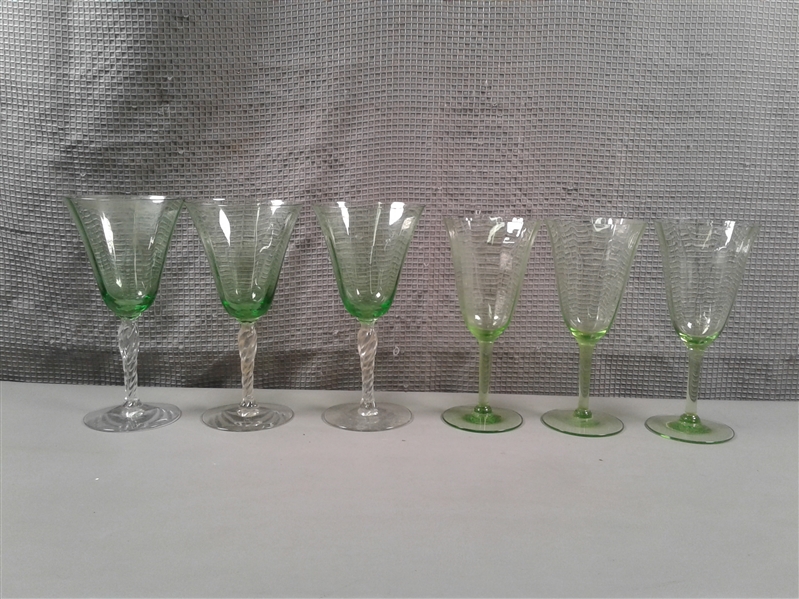 6 Vintage Green Depression Glass Water Goblets/Glasses