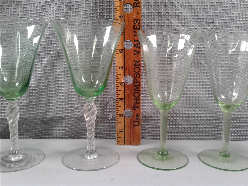 6 Vintage Green Depression Glass Water Goblets/Glasses