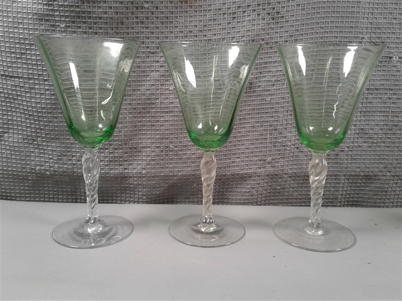 6 Vintage Green Depression Glass Water Goblets/Glasses