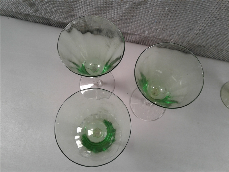 6 Vintage Green Depression Glass Water Goblets/Glasses