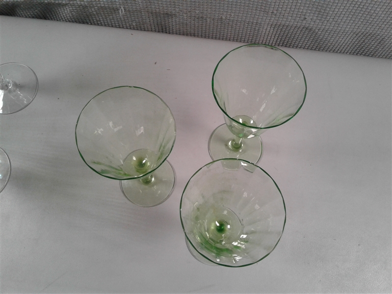 6 Vintage Green Depression Glass Water Goblets/Glasses