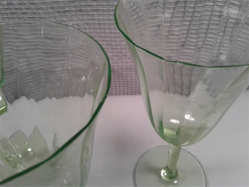 6 Vintage Green Depression Glass Water Goblets/Glasses