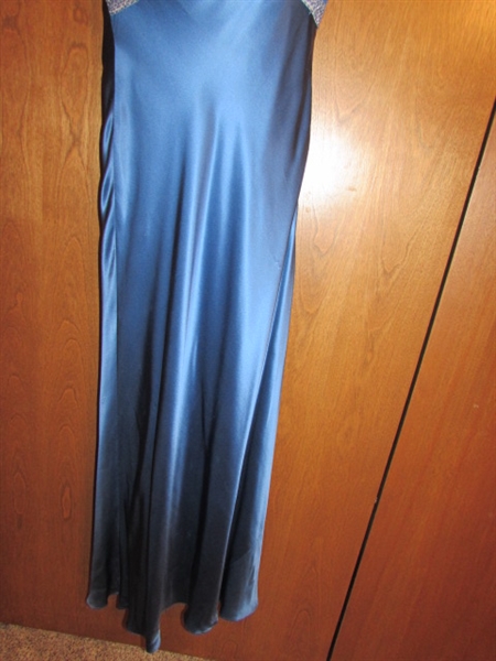 BLUE SILKY EVENING GOWN WITH SEQUIN ACCENTS (SIZE 6)