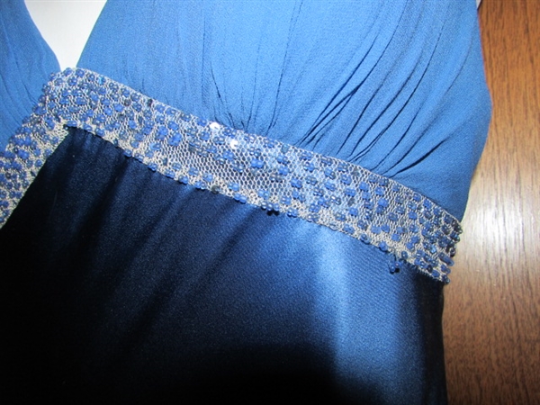 BLUE SILKY EVENING GOWN WITH SEQUIN ACCENTS (SIZE 6)