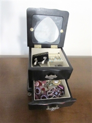 CUTE DARK WOOD JEWELRY BOX WITH STERLING AND COSTUME JEWELRY