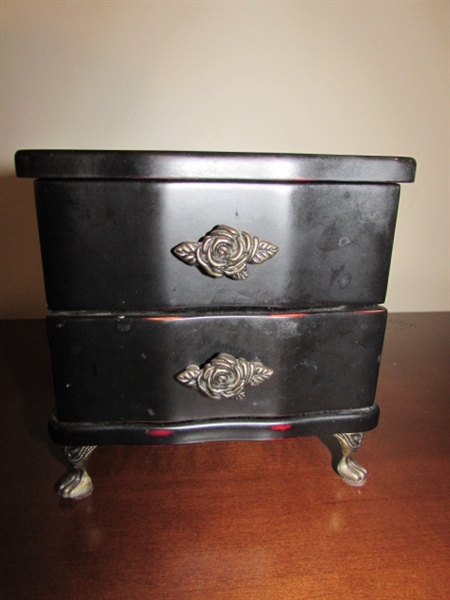 CUTE DARK WOOD JEWELRY BOX WITH STERLING AND COSTUME JEWELRY