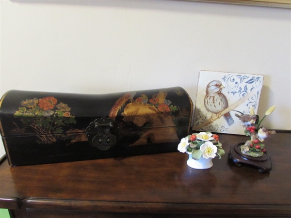 CHINESE LEATHER PILLOW BOX HAND PAINTED WITH GOLDEN PHEASANTS